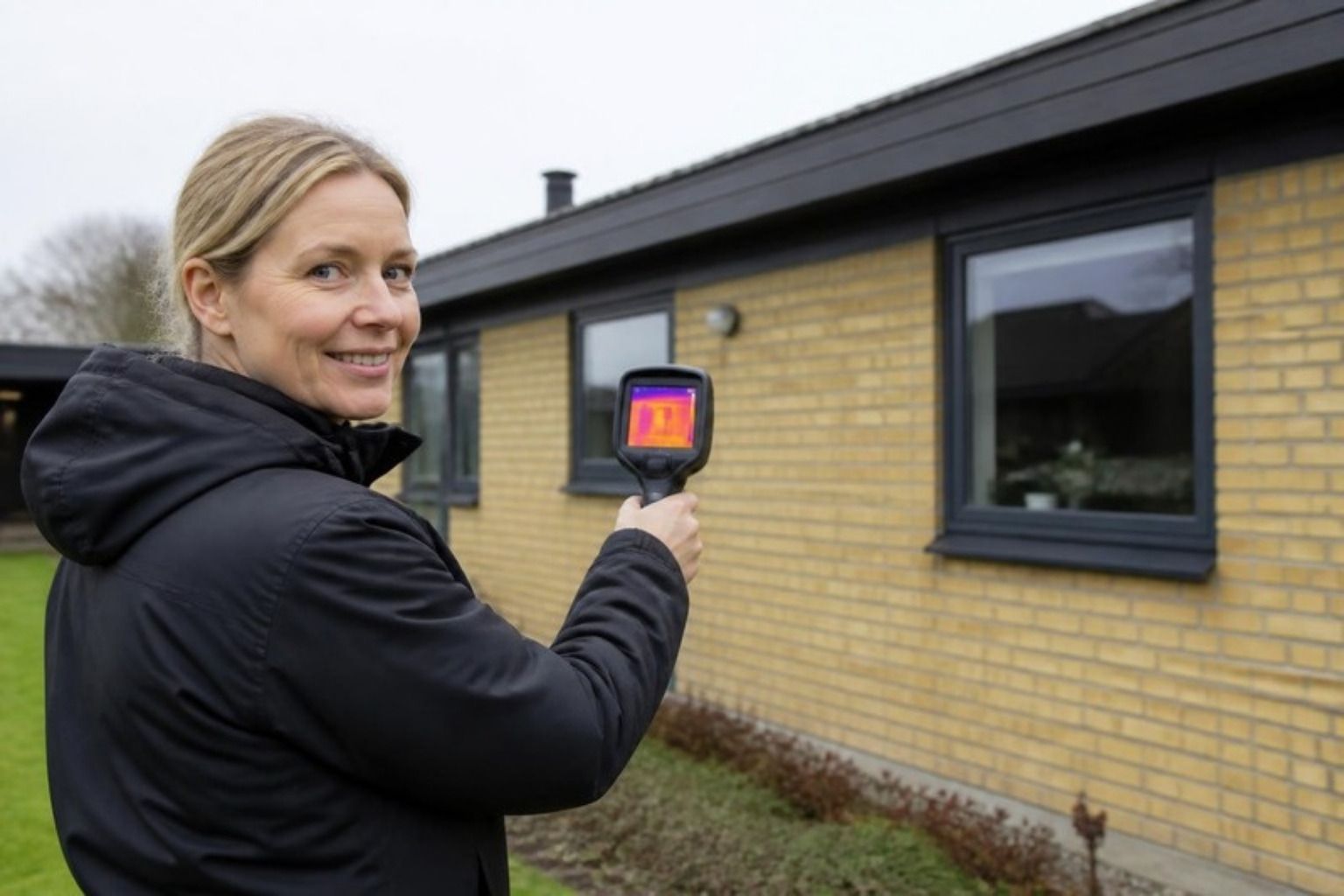 Smilende energikonsulent holder et termokamera op mod facaden på et gult murstenshus