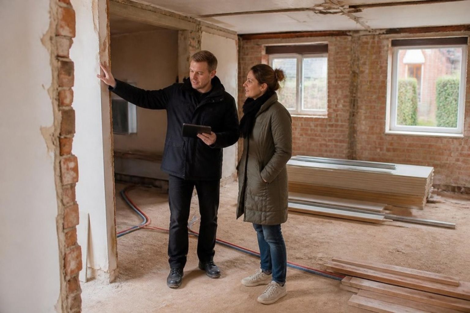 Venlig byggerådgiver med tablet peger på en åbning i en murstensvæg, mens husejeren lytter, i et hus under renovering